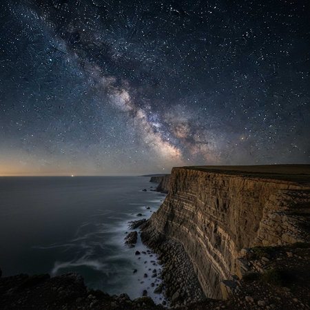 Milky Way galaxy above dark ocean and cliffsの写真素材