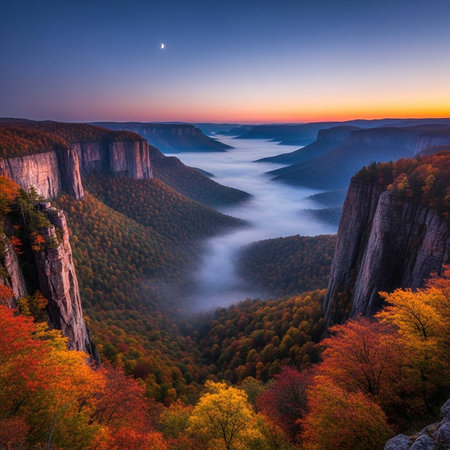 Autumn canyon landscape with misty river at sunriseの写真素材