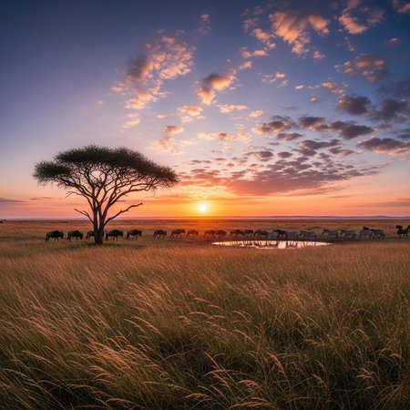 Wildebeest gather at watering hole under acacia tree at sunset in African savannahの写真素材