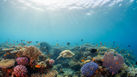 Underwater scene of sea turtle near colorful coral