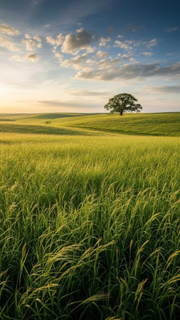 Single tree in vast green wheat field