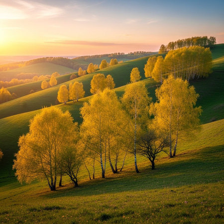 Bright sunrise over green hills with yellow treesの写真素材
