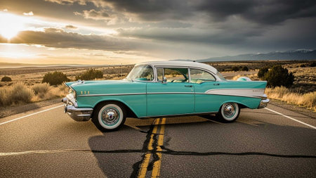 Vintage turquoise car on a desert roadの写真素材