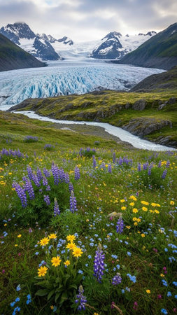 Colorful wildflowers in foreground with glacier and mountainsの写真素材