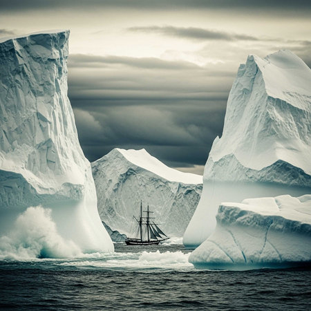 Old sailing ship between towering icebergs in cold oceanの写真素材