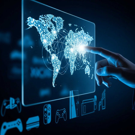 Hand touching illuminated world map on digital screenの写真素材