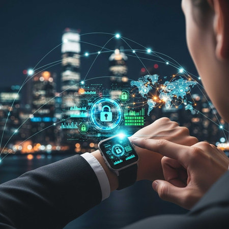 Businessman viewing smartwatch with digital security icons