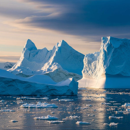 Large icebergs in a serene blue seaの写真素材
