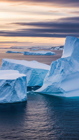 Large icebergs in calm blue waters under a cloudy skyの写真素材