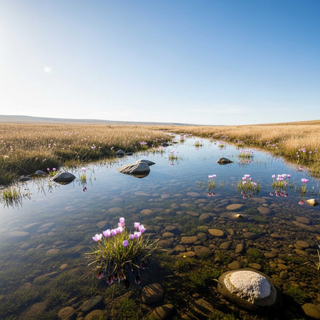 Tranquil pond with clear water, pink flowers, and scattered rocksの写真素材