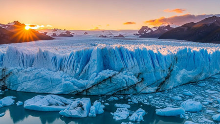 Glacier and icebergs in turquoise water at sunset