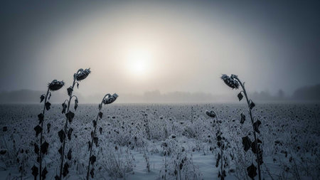 Sunrise over a frosty field of dried flowersの写真素材