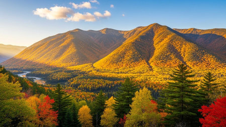Autumn mountains with colorful foliage, green forest, and river valley