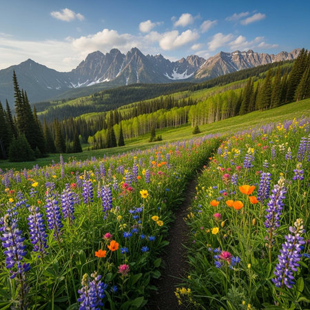 Colorful wildflowers line a dirt path in a lush valley with mountains in the backgroundの写真素材