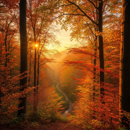 A serene forest path illuminated by sunlight during autumnの写真素材