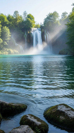 Serene waterfall and lake surrounded by greeneryの写真素材
