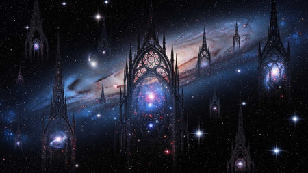 Gothic architecture in outer space with stars and galaxy