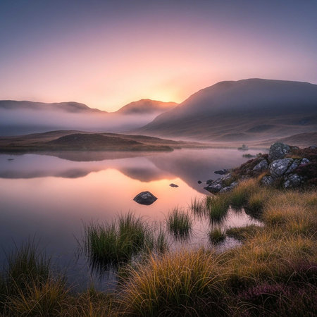 Calm lake reflecting sunrise, foggy mountains, and grassy shoreの写真素材
