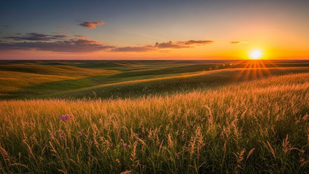 Sunrise over vast, golden fields with rolling hillsの写真素材