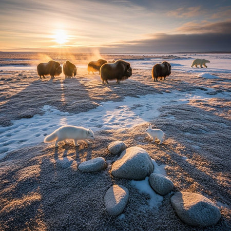 Muskoxen and polar bear near ocean at sunsetの写真素材