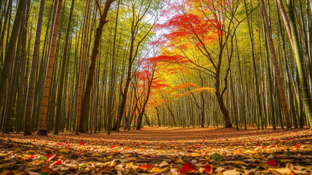 Serene forest path with tall trees and colorful autumn leavesの写真素材