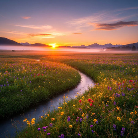 Sunrise over colorful wildflowers, winding stream, and misty mountainsの写真素材