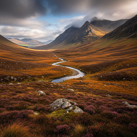 A winding stream flows through a lush valley surrounded by rugged mountains and rocky terrain.の写真素材