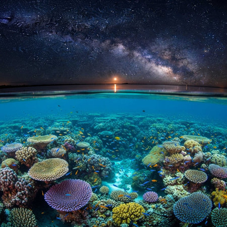 Vibrant coral reef with fish, split view of starsの写真素材