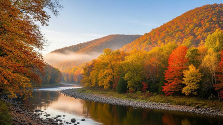 Misty river flowing through colorful autumn forest landscapeの写真素材