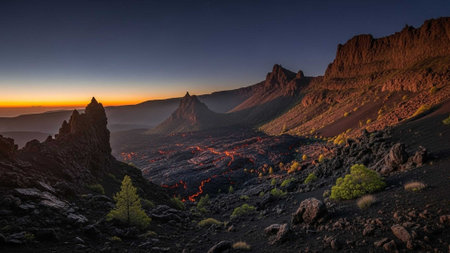 Dramatic sunset illuminating rocky mountains and distant city lightsの写真素材