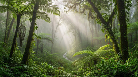 Lush green forest with sunlight rays and ferns