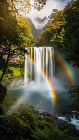 Majestic waterfall with rainbow in green forestの写真素材