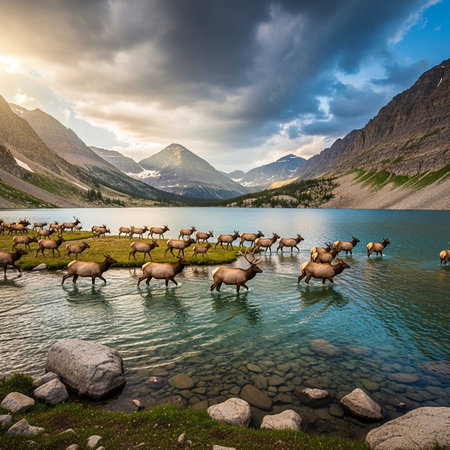 Elk herd drinking water by lake, mountains, sunsetの写真素材