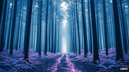 Enchanted forest path with snow, purple haze, and tall treesの写真素材
