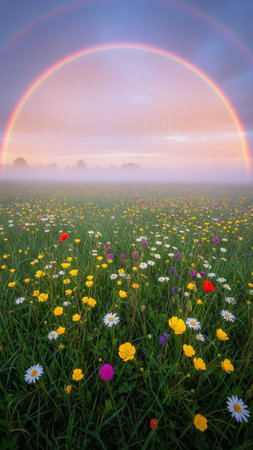 Colorful wildflowers in a field under a rainbow at duskの写真素材