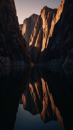 Tall, rugged canyon walls reflected in still waterの写真素材
