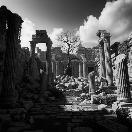 Black and white ruins with stone columns, debris, and a bare treeの写真素材