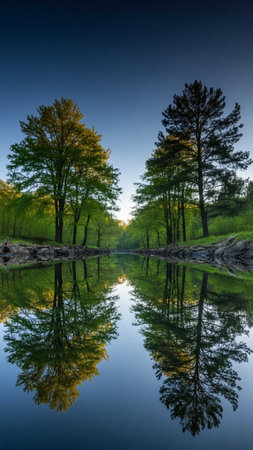 Mirror-like water reflects lush green treesの写真素材