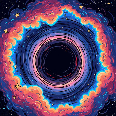Colorful black hole with swirling cosmic clouds and stars