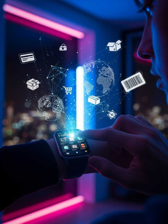 Close up of man using smartwatch with digital hologram on screen