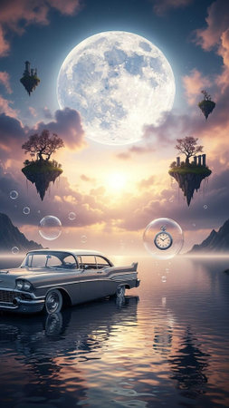 Vintage car in the sea. 3D render. Full moon.の写真素材