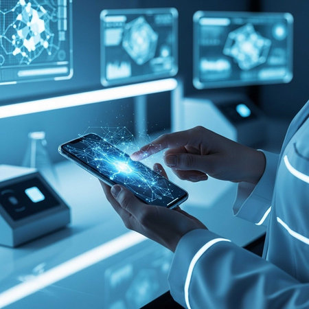 Close up of female doctor holding smartphone with blue glowing medical interface. 3D rendering