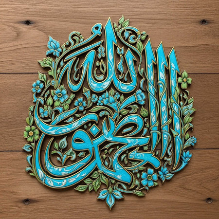 Detailed blue Arabic calligraphy with green floral accents on a wooden background.