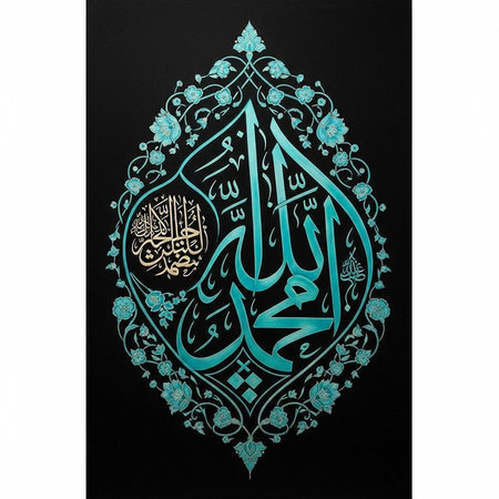Intricate Islamic calligraphy in blue with floral patterns on a black background.