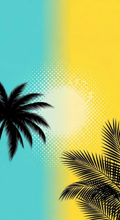 Palm tree on yellow and blue background with halftone dotsの写真素材