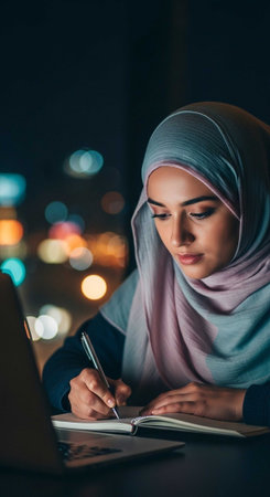 Young muslim woman in hijab writing in notebook while working at nightの写真素材