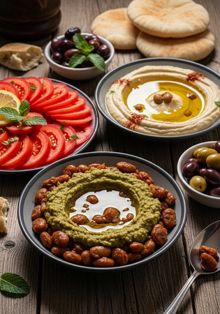 assortment of hummus in bowls with olives, tomatoes and olive oilの写真素材