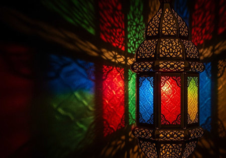 Lantern in front of colorful stained glass window.