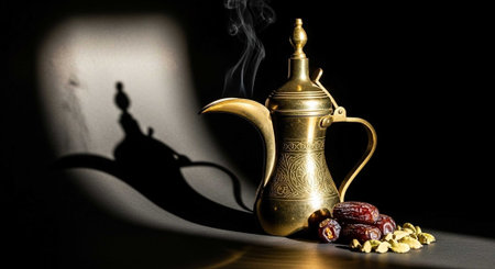Ramadan Kareem background with dates and arabian coffee potの写真素材