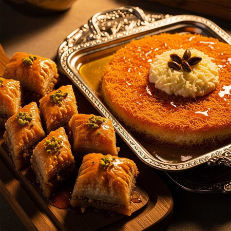 Traditional turkish dessert baklava with cashew, walnuts. Homemade baklava with nuts and honeyの写真素材